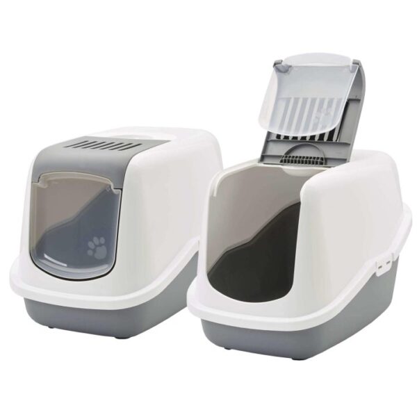 2er Sparpack Katzentoilette Katzenklo Haubentoilette NESTOR weiss-grau 56 x 39 x 38,5 cm (23,50 € pro 1 Stück)