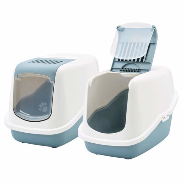2er Sparpack Katzentoilette NESTOR Haubentoilette in weiss-hellblau 56 x 39 x 38,5 cm (23,50 € pro 1 Stück)