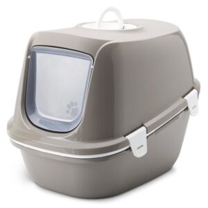 (B-WARE) 4-teilige Katzentoilette Katzenklo REINA mit Haube und Siebeinsatz warmgrey-weiss