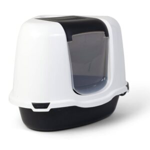 (B-WARE) Katzentoilette Eck-Toilette mit Schaufel, Filter 55 x 42,5 x 42 cm weiß-schwarz