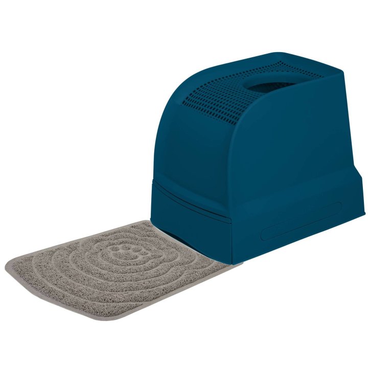 sparpack katzentoilette mit ausziehbarer schublade und einstieg von oben dunkelblau vorlegematte