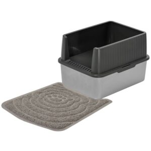Sparpack Katzentoilette mit Edelstahlwanne und Rand 44 x 34 x 30 cm Grau-Silber + große Vorlegematte