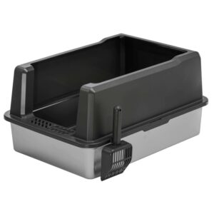 XXL Katzentoilette mit Edelstahlwanne und Rand 71 x 50,5 x 35 cm Grau-Silber inkl. Schaufel